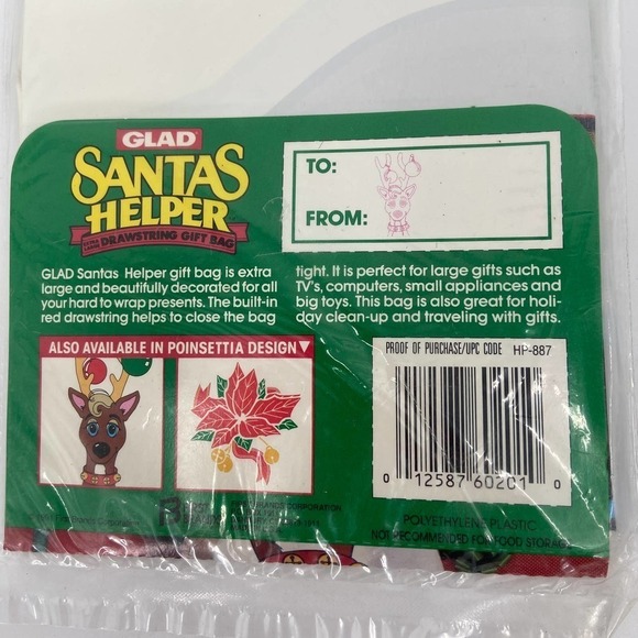 VINTAGE Lot of 3 Glad Santa's Helper XL Drawstring Gift Bag Reindeer 32" x 40" - Picture 7 of 9